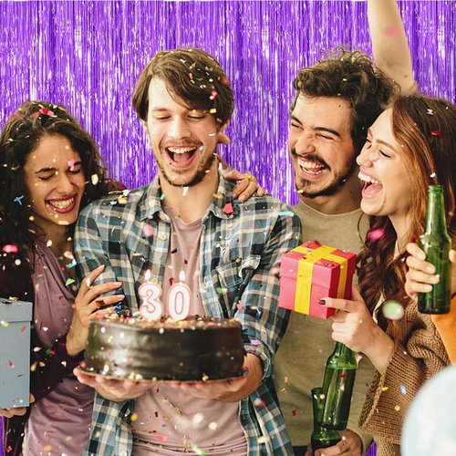 Foil Curtain Backdrop - 5 Pack Purple Metallic Tinsel Fringe for Photo Booths & Celebrations