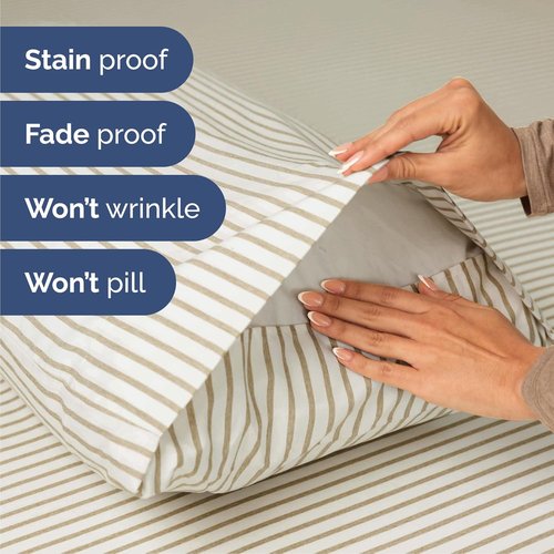Cal King Size Sheet Set by Hotel Luxury | 4-Piece Comfy, Breathable & Cooling Bedding - Deep Pockets, Wrinkle-Free, Beige Stripes