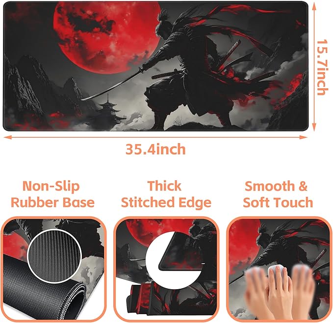 NIYLYNSYN Mouse Pad Large Anime Samurai Non-Slip Gaming Desk Mat with Stitched Edge Laptop Keyboard Desk Pad for Work Home Gaming (35.4 x 15.7 Inches)