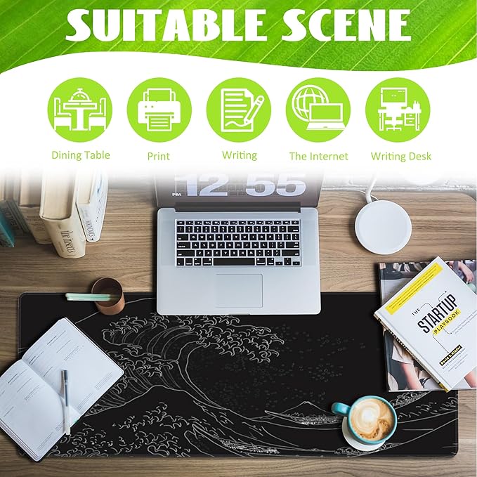 Eflxamz Desk Mat,Black Japanese Sea Wave Desk Pad,Japanese Sea Wave Large Gaming Mouse Pad for Desk,Extended Big Computer Keyboard Mouse Pad with Non-Slip Base and Stitched Edge,31.5"x11.8"