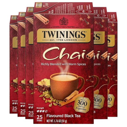 Twinings Chai Black Tea - Individually Wrapped Bags, 25 Count (Pack of 6) | Sweet & Savory Spices, Caffeinated