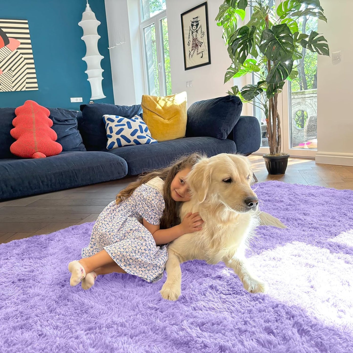 OLANLY Area Rug - Soft Fluffy Shaggy Design | Machine Washable 4x5.9 ft | Light Purple for Kids' Rooms