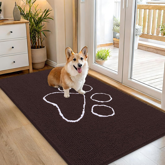 OLANLY Dog Door Mat - Absorbent Non-Slip Mud Mat for Muddy Paws | 54x32 Paw Print Design, Quick Dry Brown