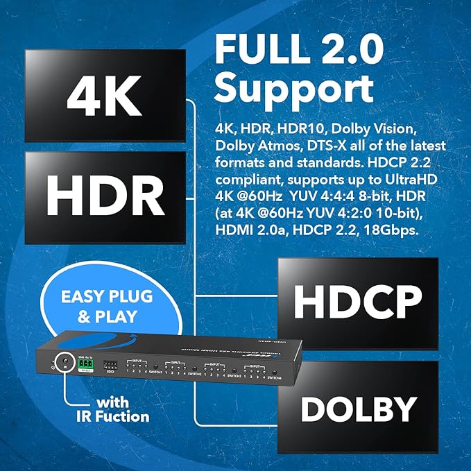 OREI 4K@60Hz 4×4 HDMI Matrix Switch with Downscaler & ARC, 18Gbps, HDCP 2.2, HDR, Audio Extraction (Optical & Analog), 4K-to-1080p Scaling, IR Remote (UHD-404R)