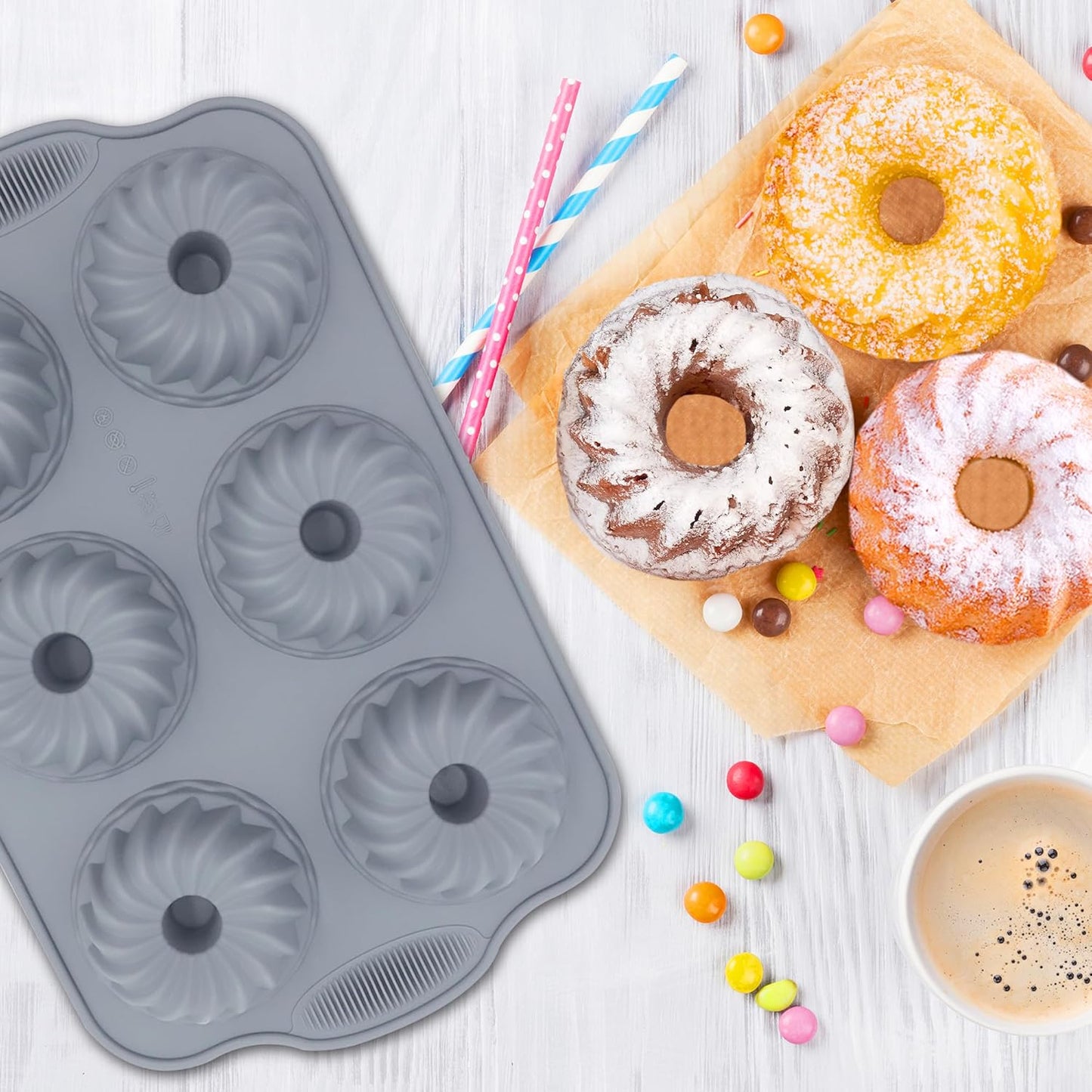 Tongjude Silicone Donut Pans - 8-Piece Nonstick Baking Set | Heat Resistant & Dishwasher Safe, Grey