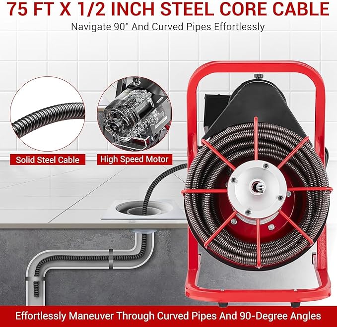 75FT x 1/2 Inch Drain Cleaner Machine, 400W Portable Drain Cleaning Machine Snake with 6 Cutters & Foot Switch for 1" to 4" Pipes, Heavy Duty Sewer Auger for Sinks, Toilets, Showers