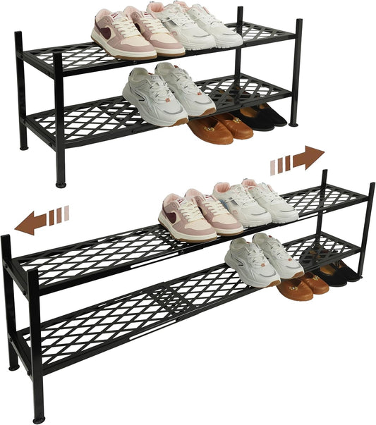 Skiennix Expandable Shoe Rack - 2-Tier Metal Organizer for 12-18 Pairs | Black, 45.6 Inches