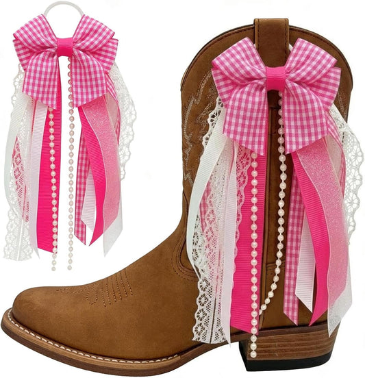 Skiennix Holiday Bow Ribbons - Festive Birthday Accessory Decor | 2 Pink Plaid Cowboy Boot Charms