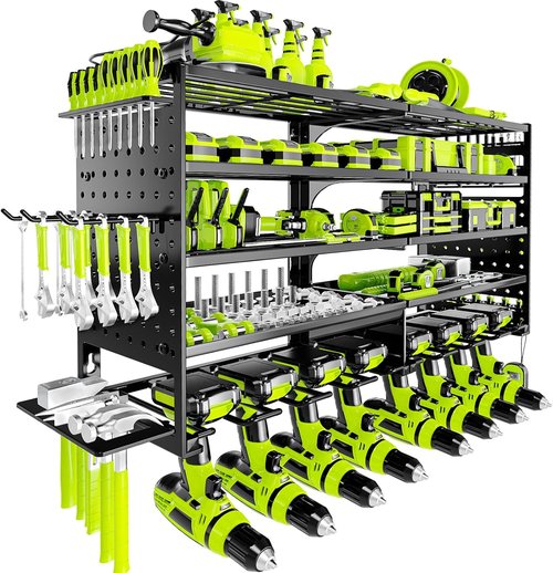 5 Layers Power Tool Organizer - Heavy-Duty Metal Wall Mount Storage Rack with 8 Drill Holders | Black