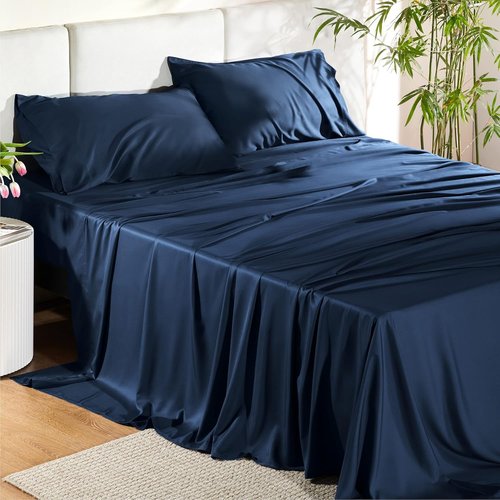 Bedsure Cooling Bed Sheets - Breathable Rayon from Bamboo | Soft & Luxurious Full Size, Deep Pocket Up to 16 Inches, Navy