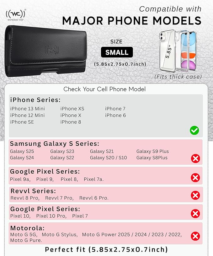 Wireless City Small Leather Phone Holster, Horizontal Belt Clip & Loop Pouch with Card Holder, Magnetic Closure, Fits iPhone 13 Mini/12 Mini/SE/X/8/7/6s
