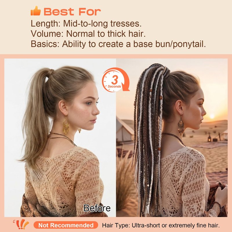 SEIKEA 2PCS Boho Braided Ponytail Extension with Hair Tie, 24" Long Viking Dreadlock Beads Ponytail Hand-braided Braids Hair Extensions Lightweight Natural Synthetic Hairpiece for Festival Cosplay
