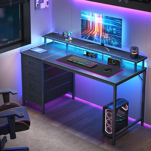 DUMOS 40-Inch Computer Desk - 4 Drawers with Power Outlets & LED Lights | Compact Office Desk in Black
