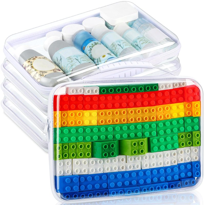 Sanwuta 4 Pcs Clear Hard Zipper Case with Handle Office Storage Cases Hard Plastic Pouches Transparent Bins for Crafts, Snacks, Cosmetics, Puzzles(12.6 x 9 x 2 Inches,White)