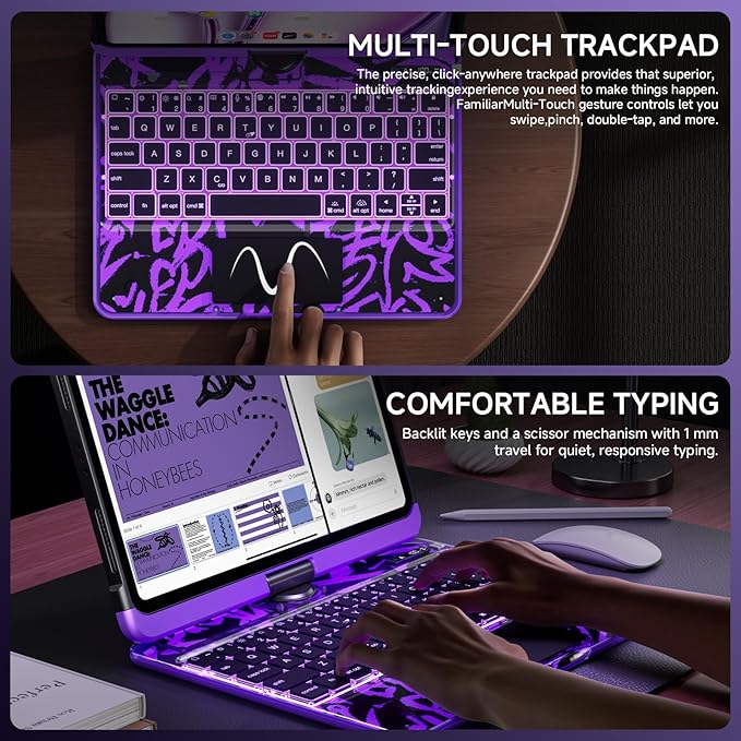 Tiaota Transparent Case with Keyboard for iPad 9th (7th, 8th, and 9th Gen)10.2 Inch ,with 7-Color Backlit Wireless Keyboard,360°Rotatable Protective Case Multi-Touch Trackpad,with Pencil Holder,Purple
