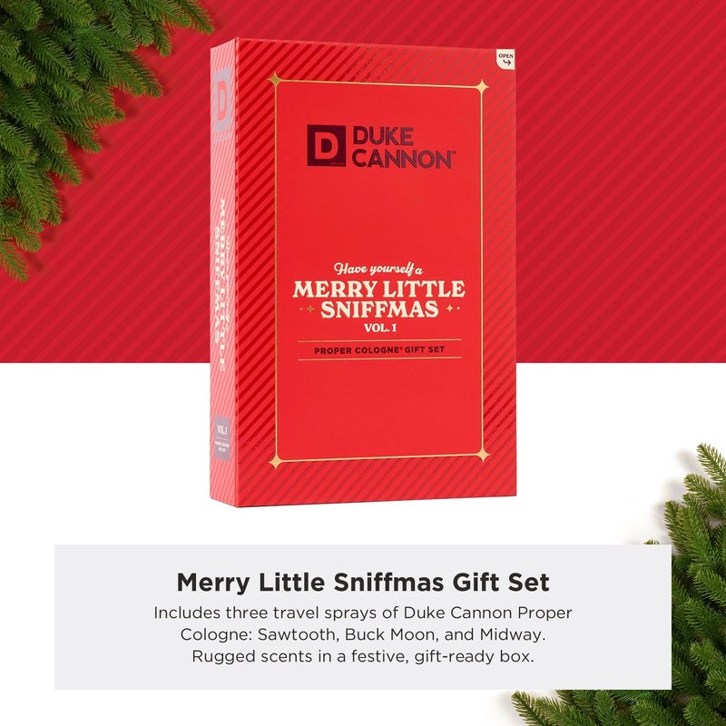 Duke Cannon Merry Little Sniffmas Giftset - travel-sized trio of Duke Cannon Proper Cologne® - Holiday Cologne Gift Set - eau de parfum - Sawtooth, Buck Moon, Midway