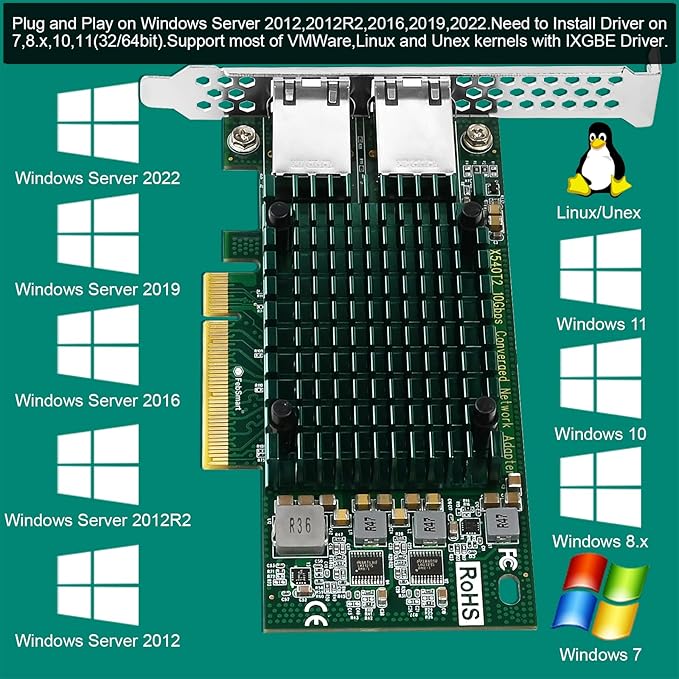 FebSmart PCIE X8 Interface to 2X 10Gbps RJ45 Ports Network Adapter, Intel X540-AT2 Ethernet Controller, 2X 10GbE RJ45 Interface PCIE NIC Card, PCI Express 10GbE Converged Network Adapter (X540T2)