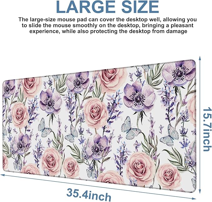 NITAHHHY Gaming Desk Pad Large Extra Length Lavender, Roses and Anemone Mouse Pad Keyboard Laptop Non-Slip Waterproof with Rubber Base Thick Stitched Edge Mouse Mat for Office Home 35.4 x 15.7 Inches