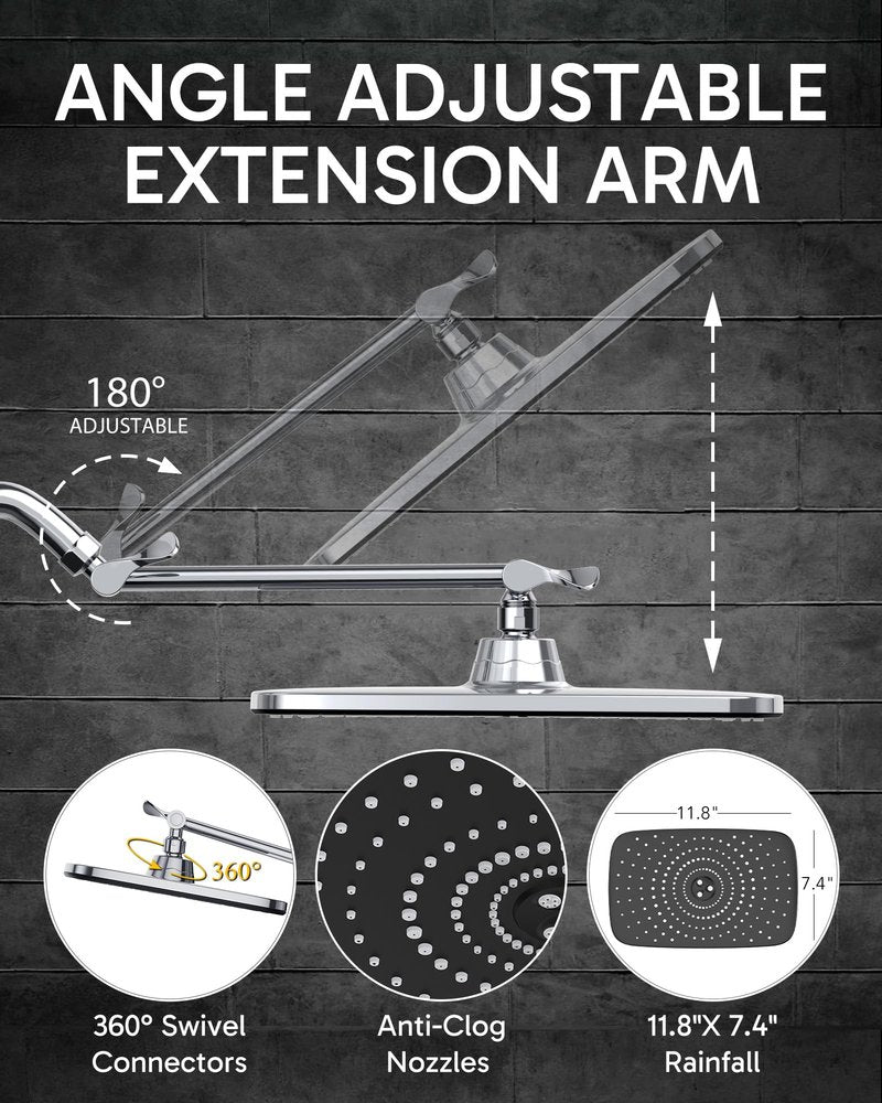 Veken Rain Shower Head,11.8 Inch Large Rainfall Showerhead, Adjustable Stainless Steel Extension Arm, Detachable High Flow Rain Fall Showerheads with Anti-Clog Nozzles, Matte Black
