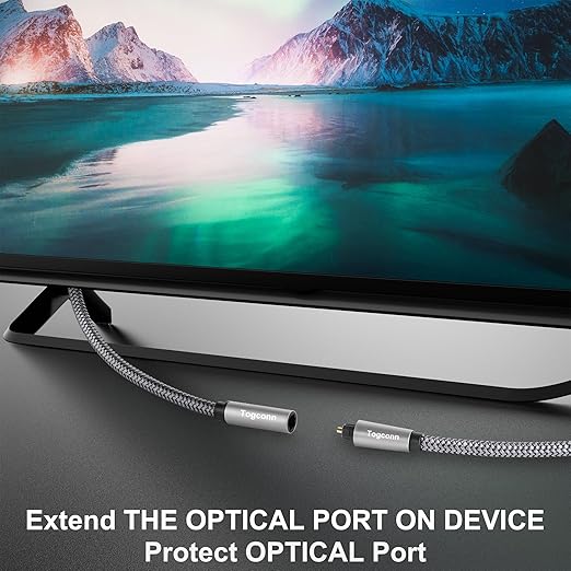 Optical Extension Fiber Digital Cable Adapter 2 Feet (2 Pack), 90 Degree Right Angle & Straight Male to Female Coupler, Toslink Audio Cable, Nylon Braided for Home Theater, Soundbar, TV and More
