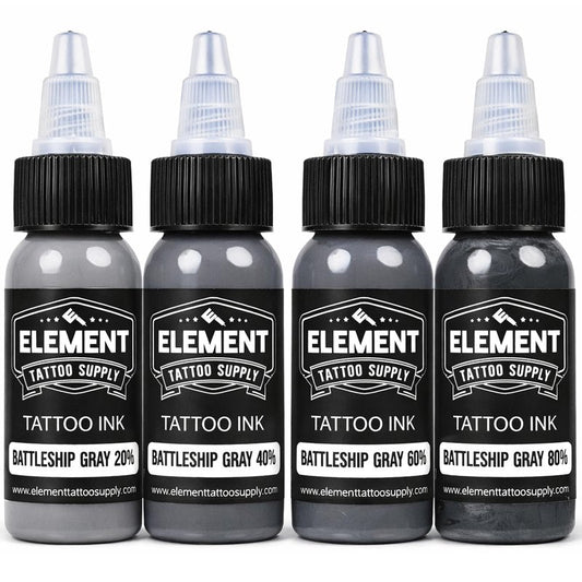 Element Tattoo Supply Battleship Gray Tattoo Ink Set - 4 Shades of Grey, Light, Medium, Medium Dark & Dark Tones, Professional Grade Tattoo Inks for Mixing & Blending, 1 oz Bottle (4 Pack)