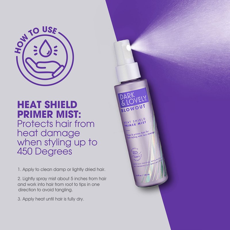 SoftSheen-Carson Dark and Lovely Blowout Heat Shield Hair Primer, Blow Dry Spray & Heat Protectant with Castor Oil, For Curly & All Hair Types, 4.4 fl oz