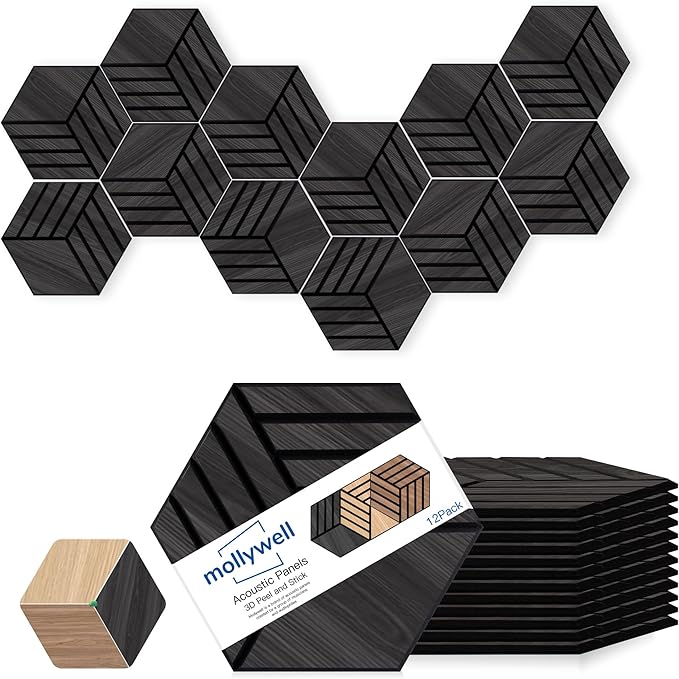 Mollywell Acoustic Panels, PVC Wood-Grain, 14x12 Inch Hexagon Carved Sound Proof Wall Tiles, Self-Adhesive High Density Felt for Home Theater/Studio/Office Echo Reduction, 12 Pack Black Oak,TW4