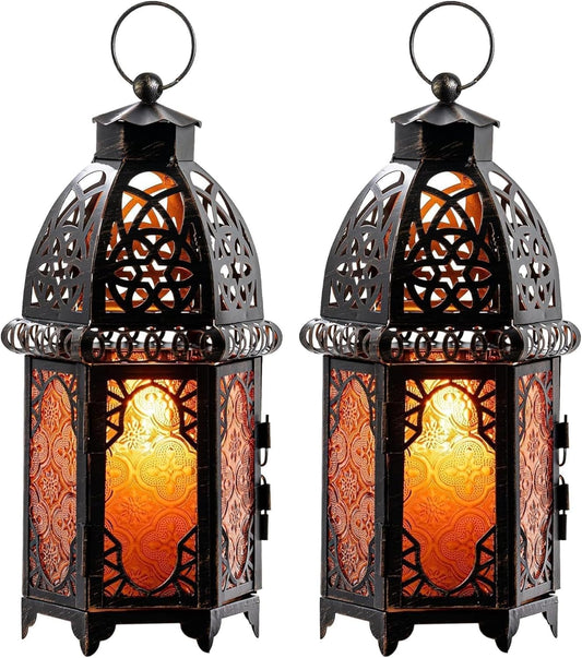 NEEDOMO Moroccan Lantern Set - Vintage 12.8'' Metal Candle Holders for Indoor & Outdoor Decor | Amber