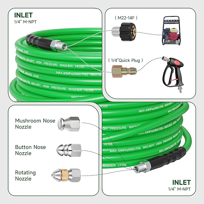 Sewer Jetter Kit for Pressure Washer 150FT â 5800PSI High-Pressure Drain Cleaner, M22 & 1/4'' NPT Universal Fit, Unclog Gutters & Sewer Lines, Durable Jetter Hose for Homeowners & DIYers