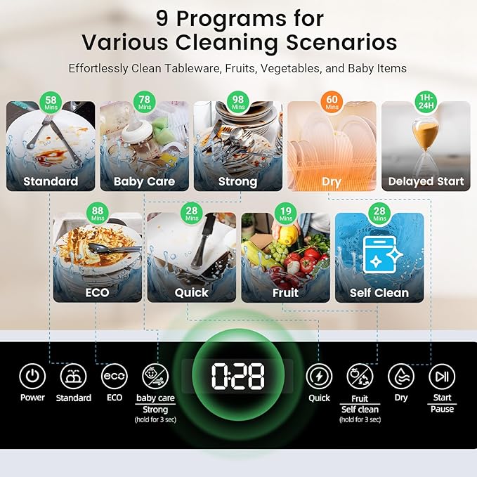 BLITZHOME Countertop Portable Dishwasher, 9 Programs, 167℉ High-Temp, 360° 3 Spray, 24H Timing, Hot Air Drying, Air Refresh, Baby-Care, LED Light, 5.2L Built-in Water Tank for Apartments RVs