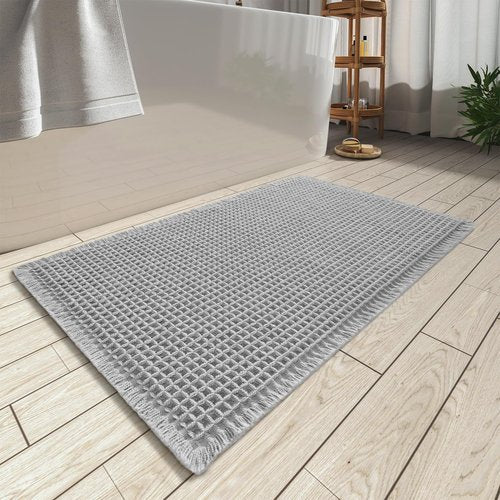 AMOAMI Upgraded Waffle Bath Mat, Super Absorbent Non Slip Bath Mats for Bathroom Floor, Machine Washable Bathroom Rugs with Tassels, Rubber Backed Bathroom Mats, Ultra Soft, 18" x 30", Grey