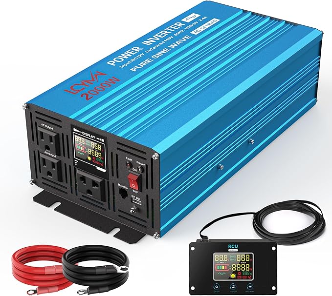 LCYMW 2000 Watt Inverter Pure Sine Wave DC 12V to 110V AC Power Inverters with 3 AC Charger Outlets, Car Inverter Solar Power Inverters for Vehicles Home with LCD Display and 2.4A USB Charging Ports