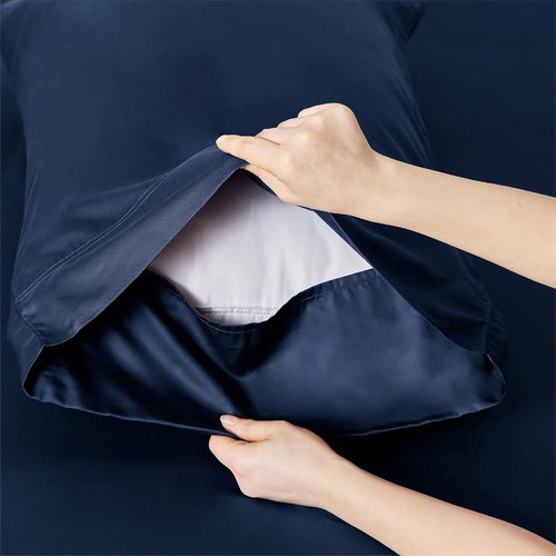 Bedsure Cooling Bed Sheets - Breathable Rayon from Bamboo | Soft & Luxurious Full Size, Deep Pocket Up to 16 Inches, Navy