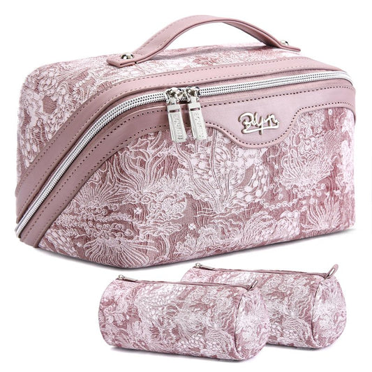 BOYATU Travel Makeup Bag for Women: Large Capacity Make up Bag with Compartments - Vegan Leather Cosmetic Bag set of 3 - Waterproof Toiletry Bag with Handle & Divider(E-1-Purple)