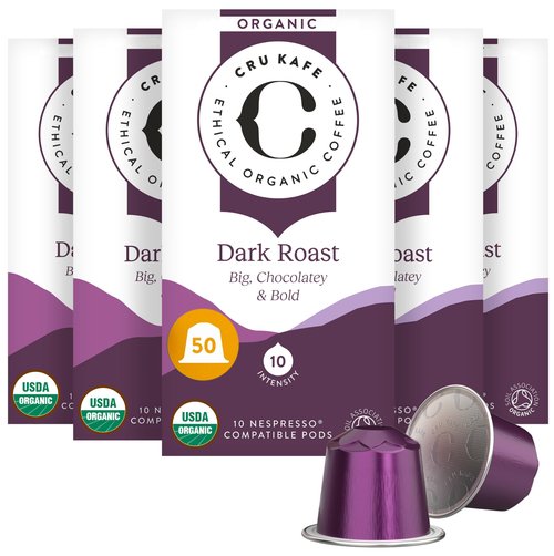 Cru Kafe Dark Roast USDA Organic Espresso Coffee Capsules (50 Pods) Fairtrade Coffee Pods Compatible with Nespresso Original Line and Pixie Machines