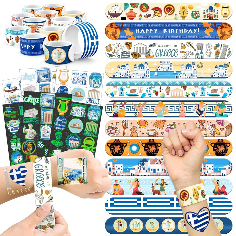 96 PCS Greek Mythology Party Favors Set – 72 Pre-Cut Temporary Tattoos & 24 Slap Bracelets, Perfect for Cultural Festivals & Travel-Inspired Celebrations