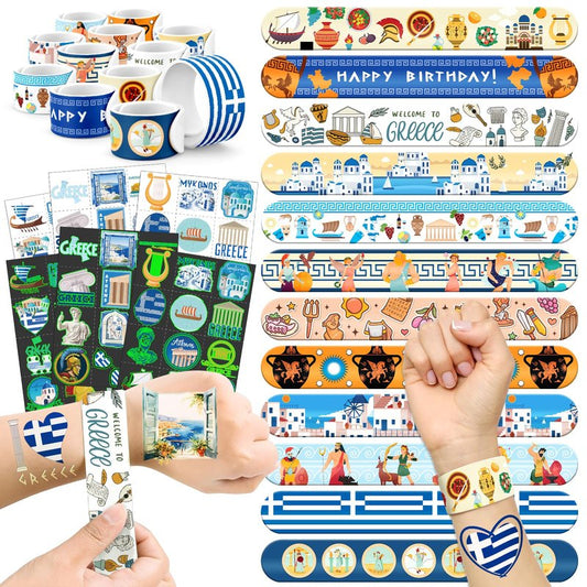 96 PCS Greek Mythology Party Favors Set – 72 Pre-Cut Temporary Tattoos & 24 Slap Bracelets, Perfect for Cultural Festivals & Travel-Inspired Celebrations