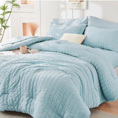 HYMOKEGE Twin Comforter Set - Luxury 5-Piece Bed in a Bag | Seersucker Lake Blue Bedding Set