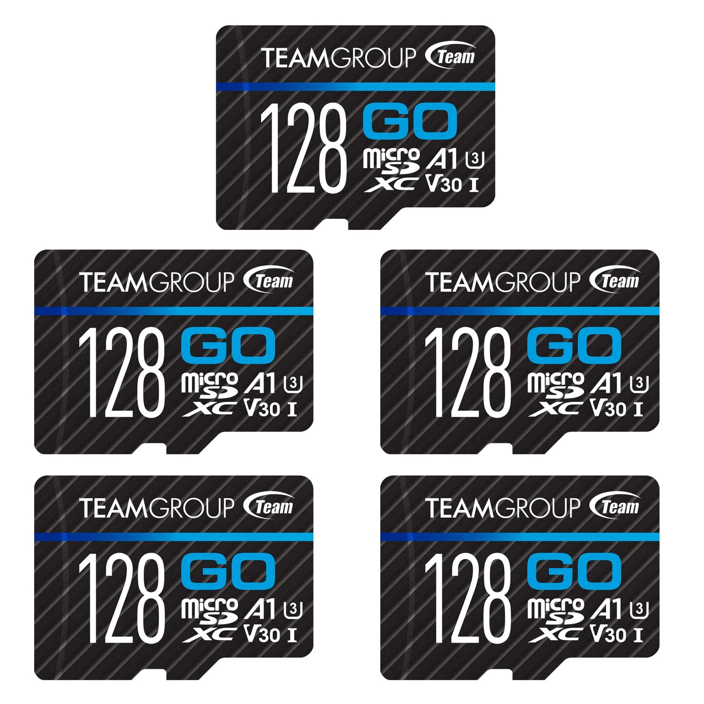 TEAMGROUP GO Card 128GB x 5 Pack MicroSDXC UHS-I U3 V30 4K for Action Cameras & Drone High Speed Flash Memory Card with Adapter for Outdoor Sports&Vlog, 4K Shooting,GoPro&Insta360&DJI TGUSDX128GU363