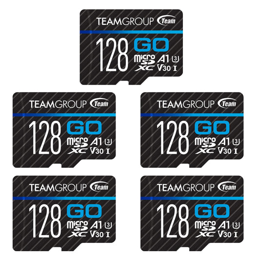 TEAMGROUP GO Card 128GB x 5 Pack MicroSDXC UHS-I U3 V30 4K for Action Cameras & Drone High Speed Flash Memory Card with Adapter for Outdoor Sports&Vlog, 4K Shooting,GoPro&Insta360&DJI TGUSDX128GU363