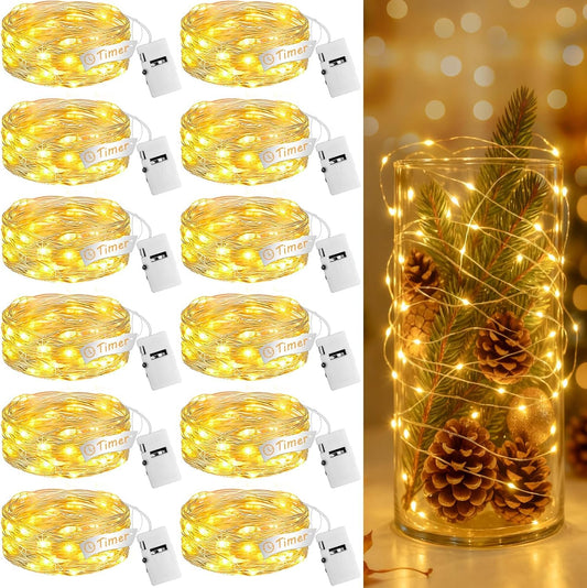 Skiennix 12-Pack Fairy Lights - 7ft 20 LED Twinkle String Lights with Timer | Battery Operated Warm White Decor for Christmas Trees & Parties