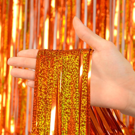 Melsan Tinsel Fringe Curtain - Upgraded Thicker Metallic Streamers | 3 Pack, 3.2 x 8.2 ft, Orange for Parties