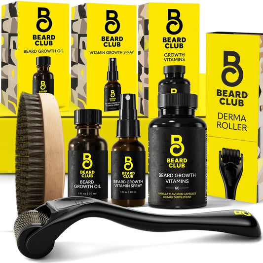 The Beard Club Signature Beard Growth Kit - Derma Roller, Beard Growth Oil, Beard Growth Vitamins, Vitamin Spray & Beard Brush - Gift Set