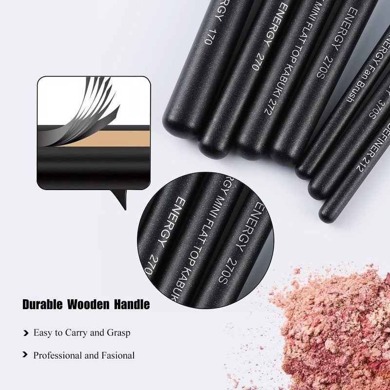 ENERGY Makeup Brushes Premium Synthetic Foundation Powder Concealers Eye Shadows Mascara Eyeliner Brow Fan Blush Makeup Brush Set with PU Cosmetic Bag,Professional Make Up Kit Black 8 Pcs