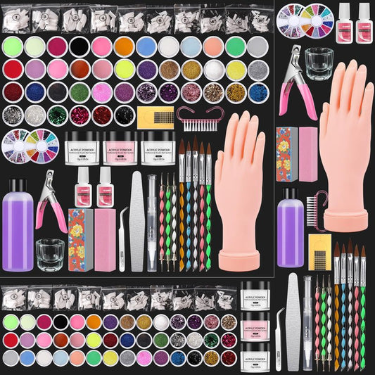 Professional Acrylic Nail Kit - Practice Hand Set with Powder, Brush, DIY Starter Kit for Beginners with tips, glue, and glitter