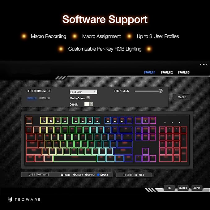 TECWARE Phantom 87 Key RGB Mechanical Gaming Keyboard | Outemu Red Switch | 16.8M Color LED Lighting | 18 Pre-Set | Low Latency | N-Key Rollover | Software Customizable Keys | Wired USB Connection