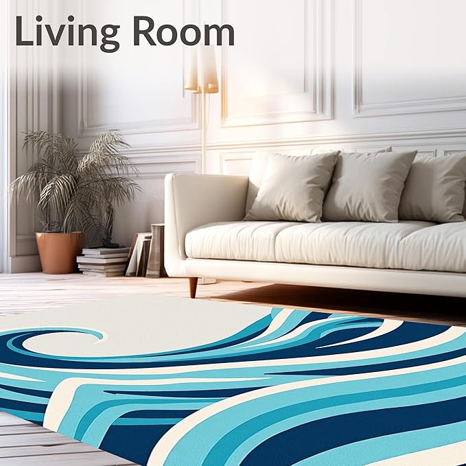 Flatwoven High Traffic Area Rug 5x7, Driftwood Lighthouse Wave Ocean Theme Bathroom, Non Slip, Stain Resistant, Washable Area Rugs for Living Room, Bedroom (Dark Blue, 5x7)