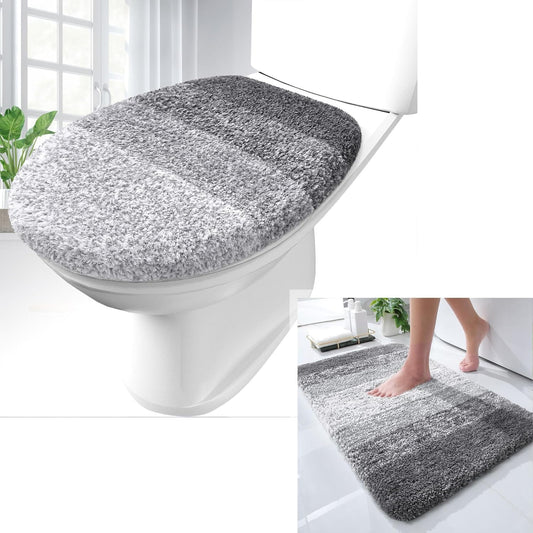 OLANLY Ombre Bath Rug Set - Soft Grey Bath Rug (30x20) & Toilet Lid Cover (17.5x15)