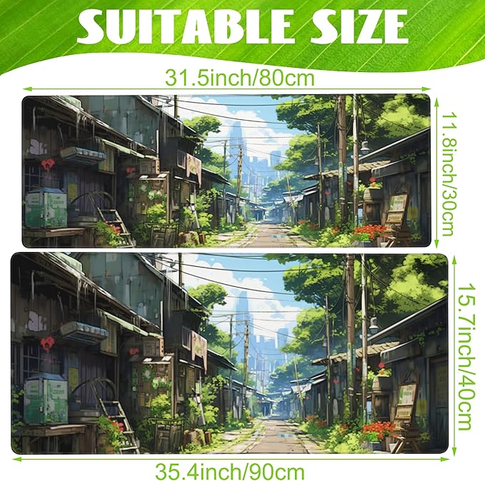 Eflxamz Anime Abandoned Town Desk Mat, Large Gaming Mouse Pad with Non-Slip Base and Stitched Edge, 35.4"x15.7"