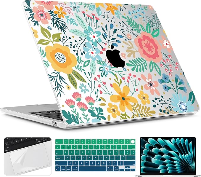 TWOLSKOO for MacBook Air 15 inch Case 2026 2025 2024 2023 Release M5 A3448 M4 A3241 M3 A3114 M2 A2941, Plastic Hard Shell & Screen Protector & Keyboard Cover & Trackpad Film, Abstract Flower